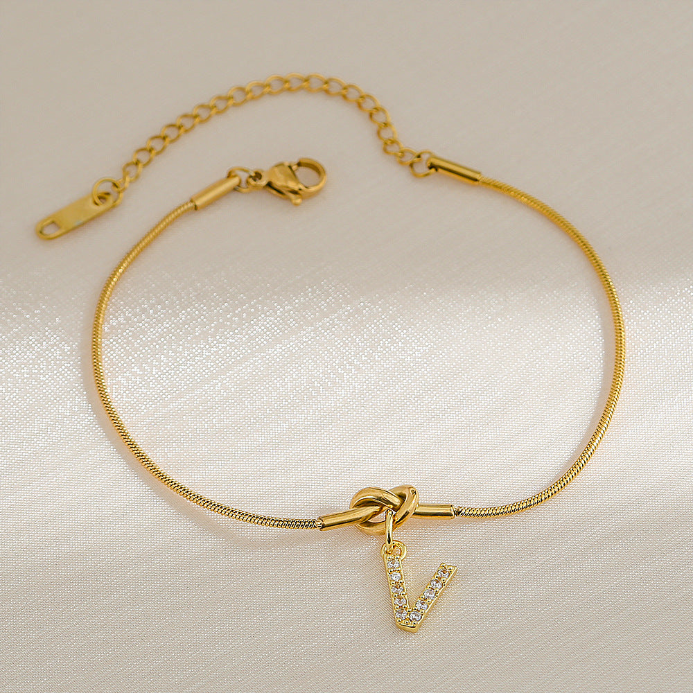 18K Gold Plated Stainless Steel Letter Heart Knot Charm Bar Bracelet for Women