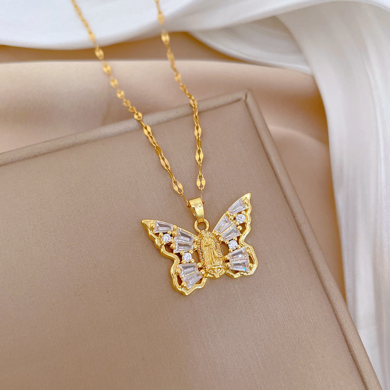 Collana con Ciondolo a Farfalla Minimalista da Donna e Uomo con Catena in Acciaio al Titanio e Intarsio in Zirconia Cubica