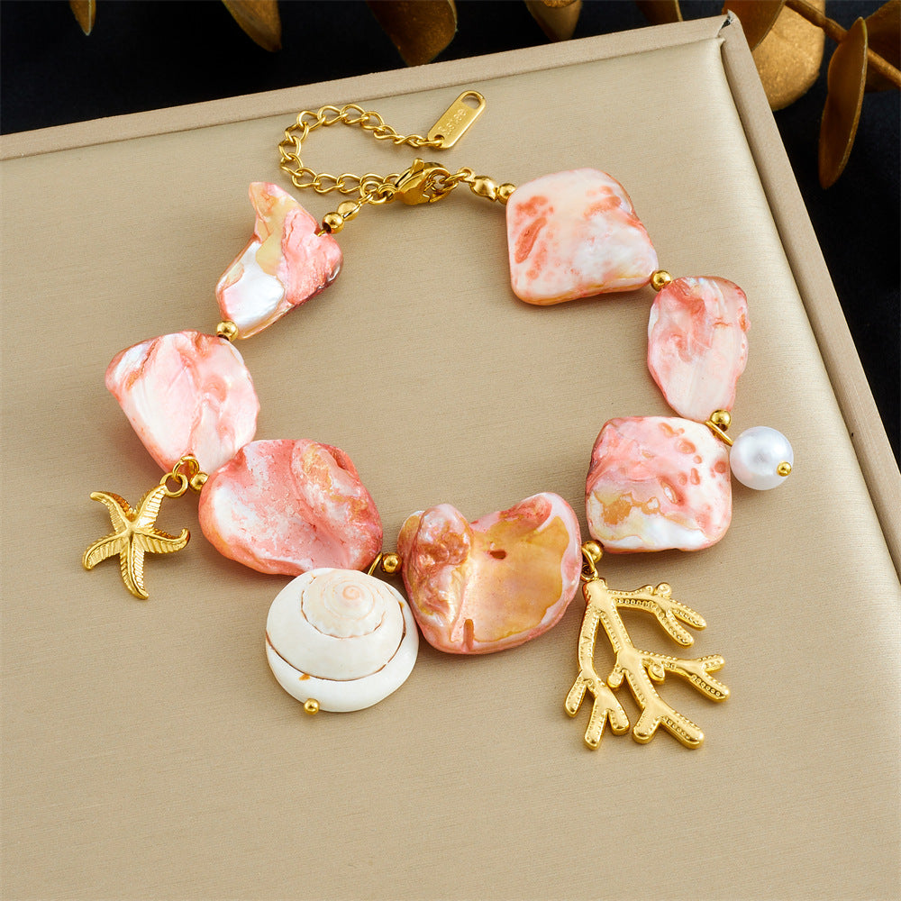 Fashion Gold Plated Stainless Steel Starfish Shell Coral Chain Jewelry Set for Women