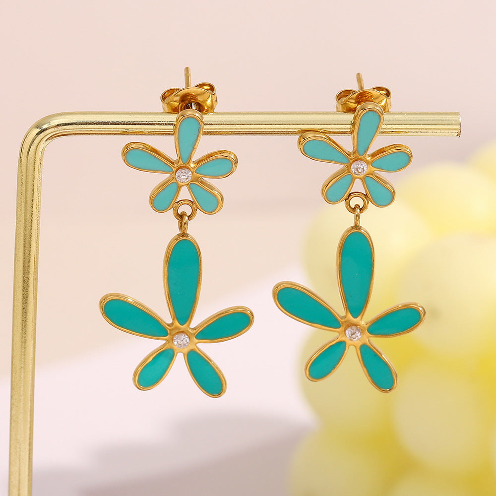Minimalist Fresh Botanical Stainless Steel Earrings with 18K Gold Plating and Enamel Grass Design for Women