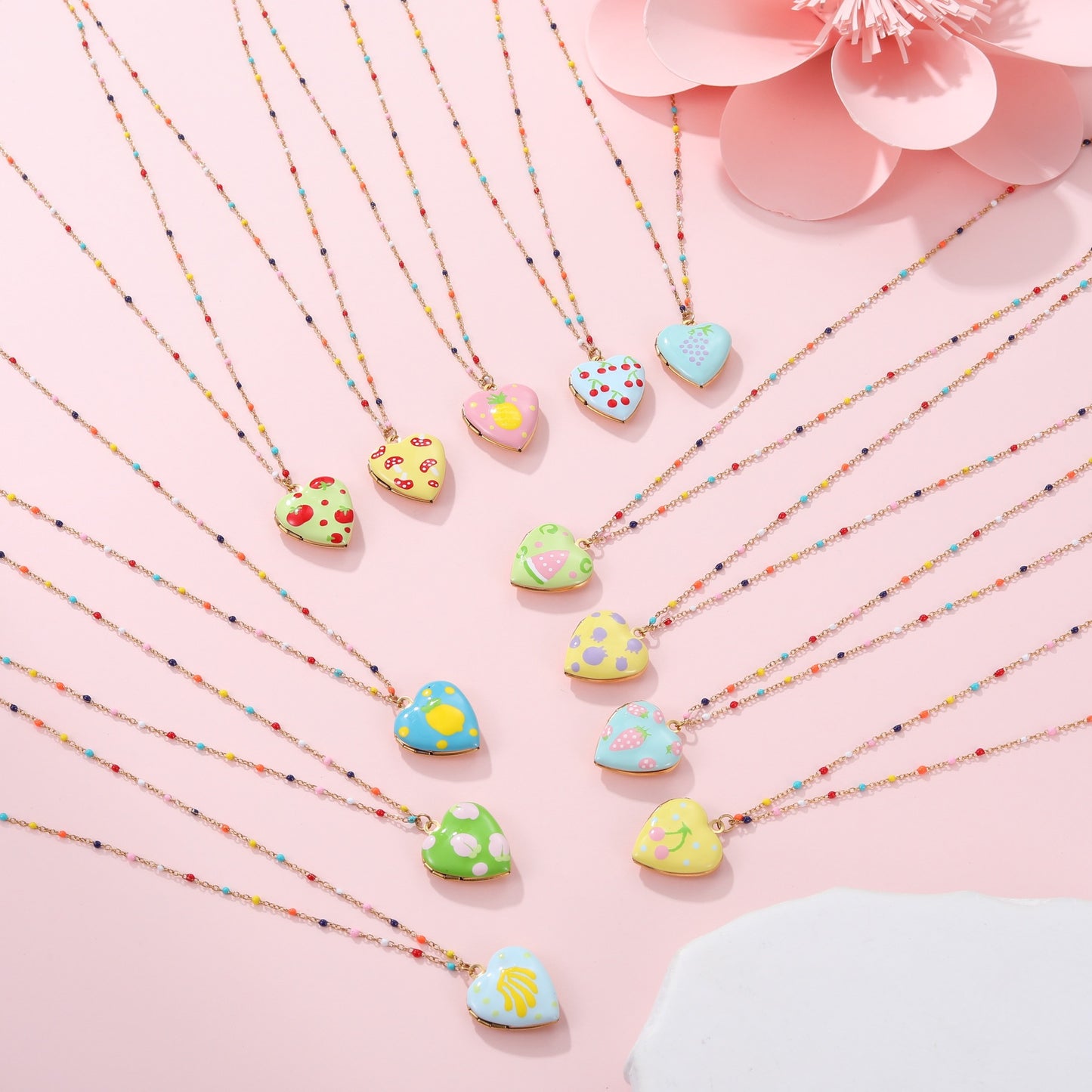 Cute Dopamine-Inspired Heart and Fruit Pendant Necklace in Stainless Steel with Gold Plating, Fashionable Minimalist Jewelry for Women