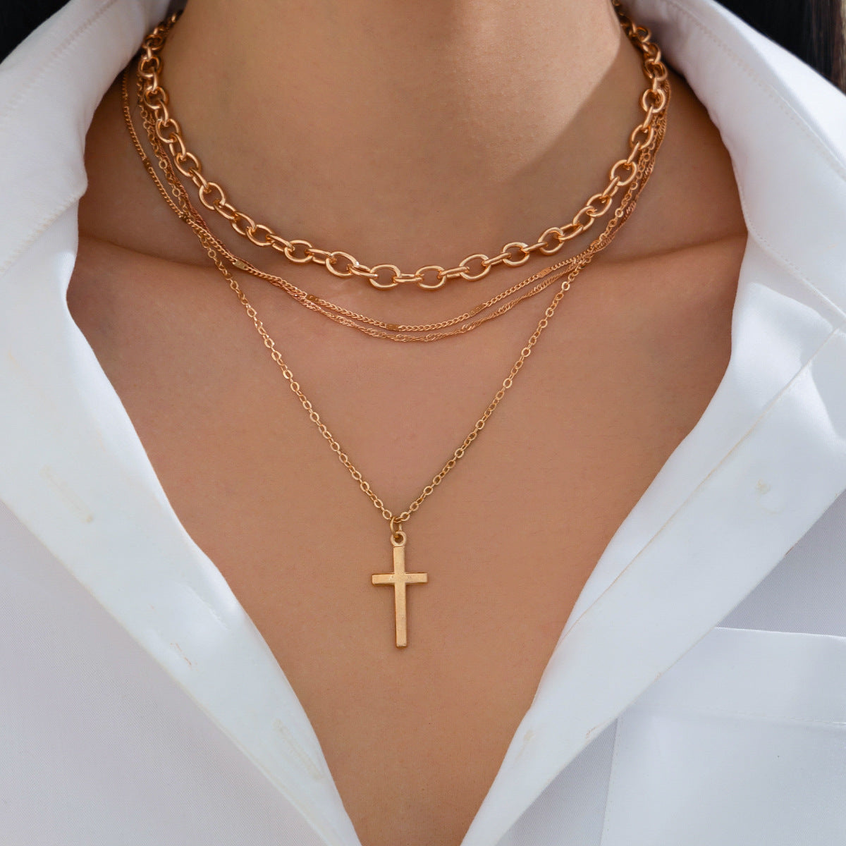 Collar vintage con colgante de cruz geométrica y borla, cadena de aleación galvanizada, collar con medallón de capas estilo cadena O para mujer
