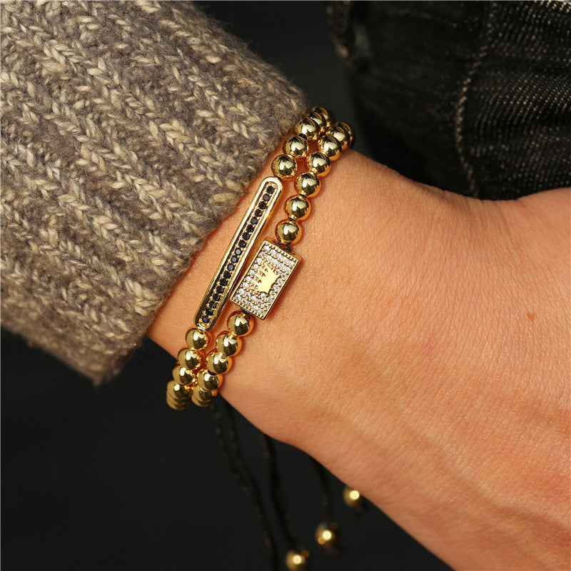 Vintage Punk Geometric Plated Titanium Steel Bracelet Set with Crown and Roman Letter Elements for Men and Women