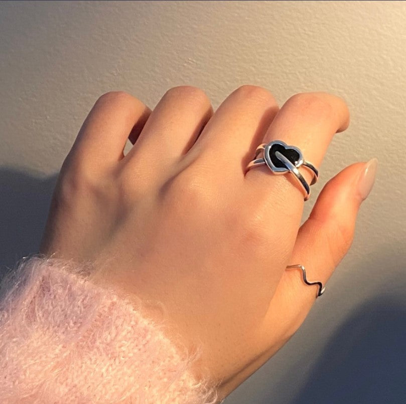 Anello a cuore geometrico placcato in argento sterling 925, stile minimalista vintage