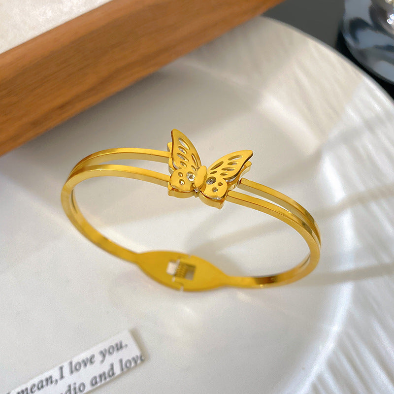Sweet Elegant Gold Plated Hollow Butterfly Titanium Steel Bracelet