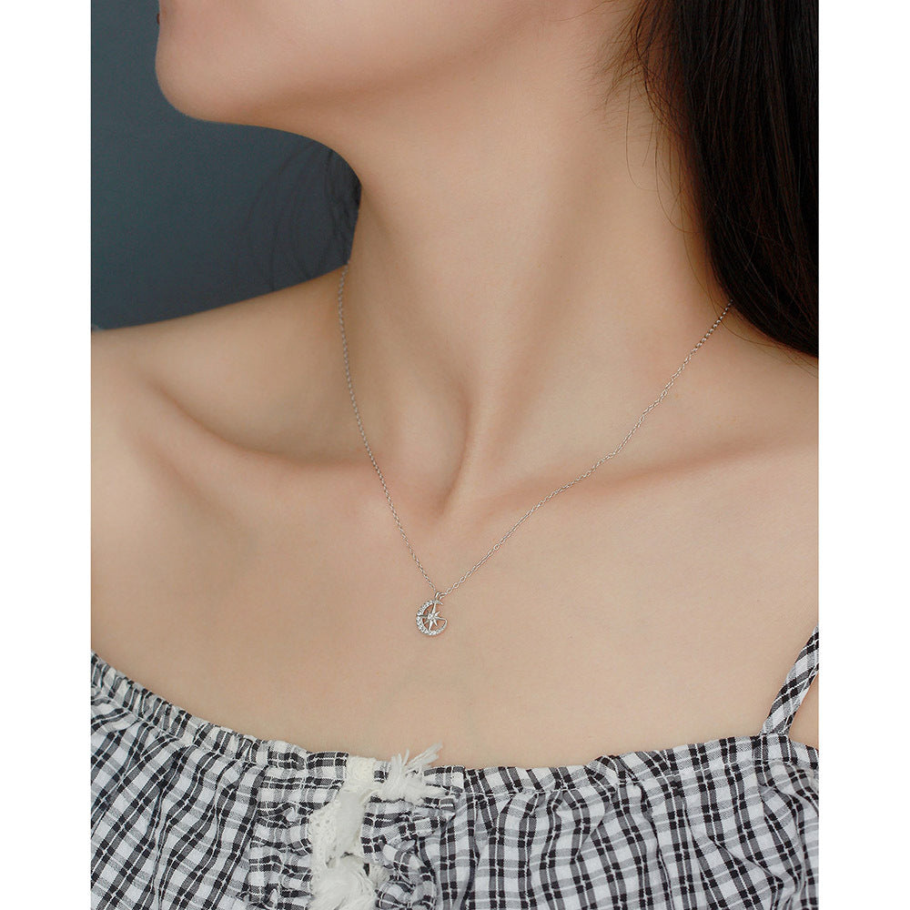 925 Sterling Silver Star Moon Cubic Zirconia Inlay Necklace