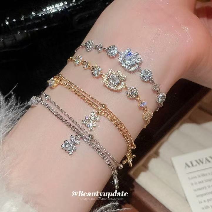 Light Luxury 18K Gold Plated Cubic Zirconia Cat Bear Animal Bracelet for Women
