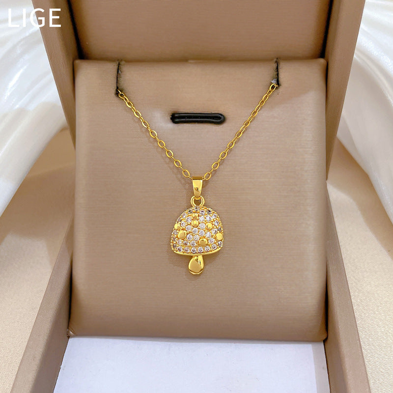 Sweet Luxury Geometric Rhinestone Mushroom Pendant Titanium Steel Necklace for Unisex