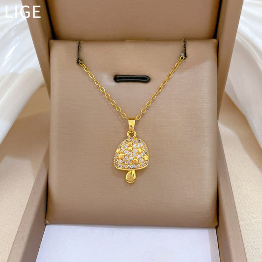 Sweet Luxury Geometric Rhinestone Mushroom Pendant Titanium Steel Necklace for Unisex