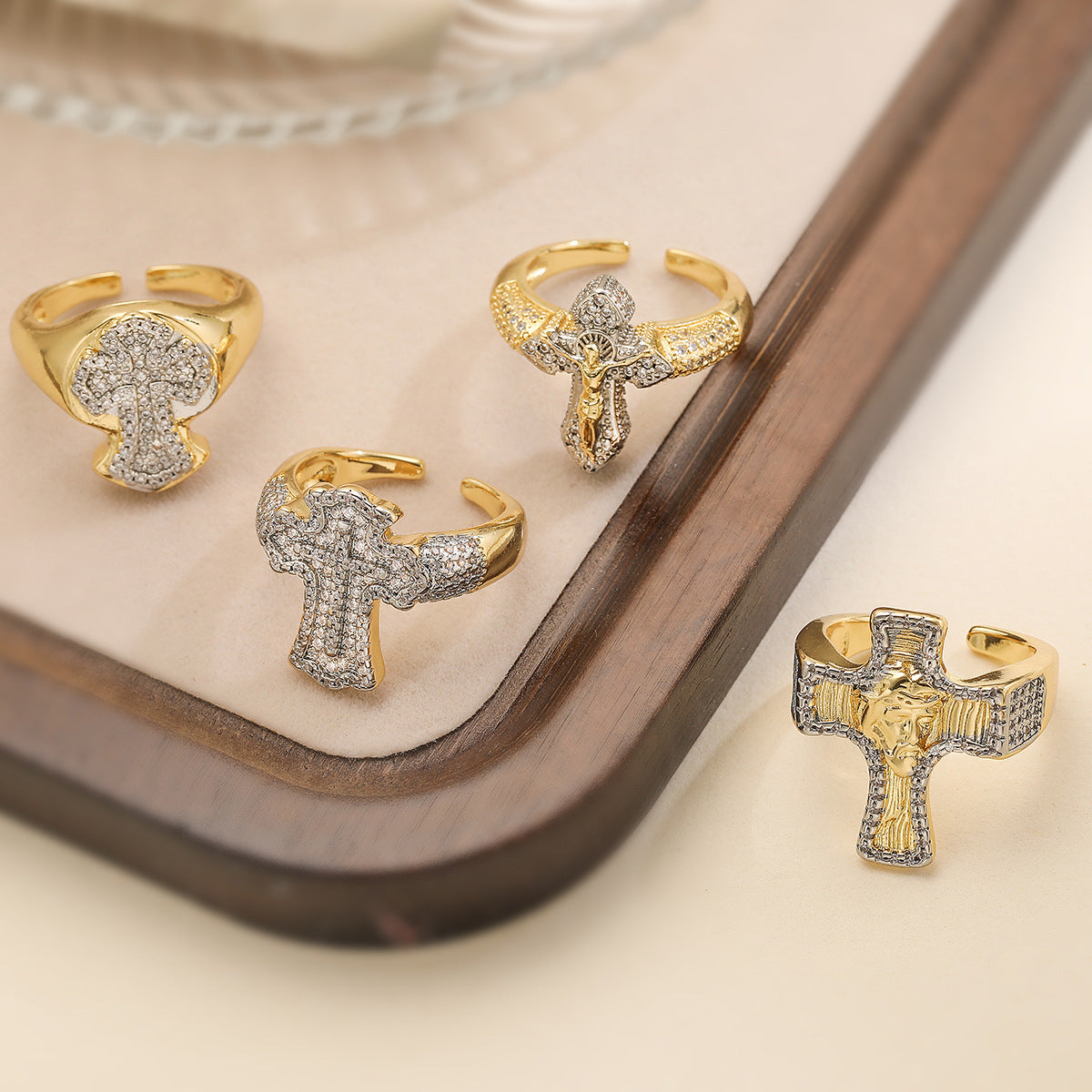Minimalist Geometric Cross-Shape Copper Ring with Micro-Pave Zirconia for Women