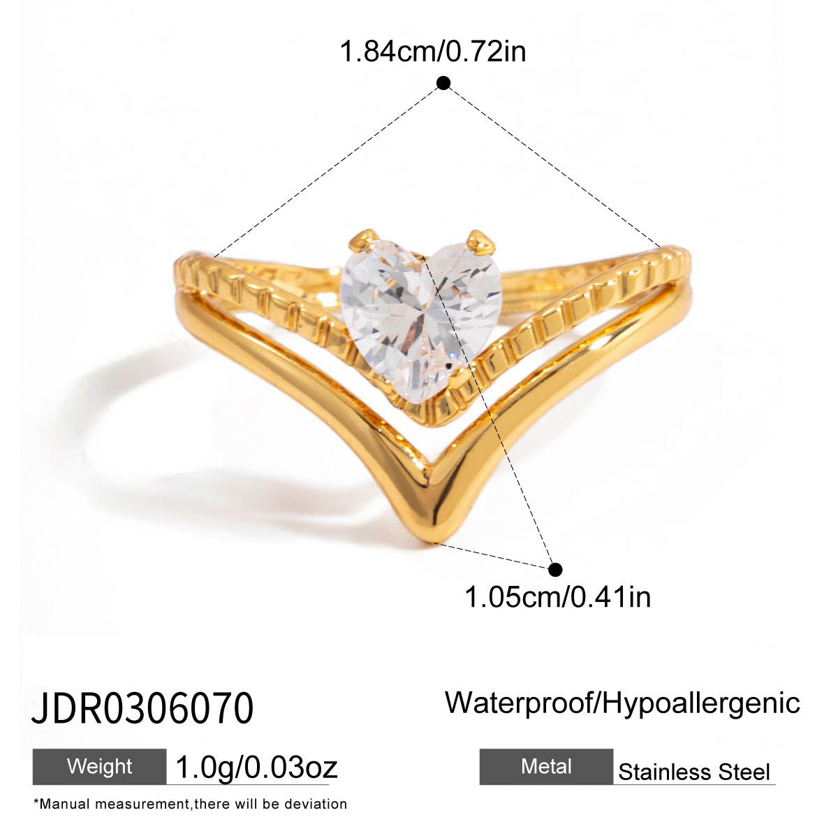 Anillo de acero de titanio con forma de corazón, incrustaciones de diamantes de imitación y acabado chapado, a la moda para mujer