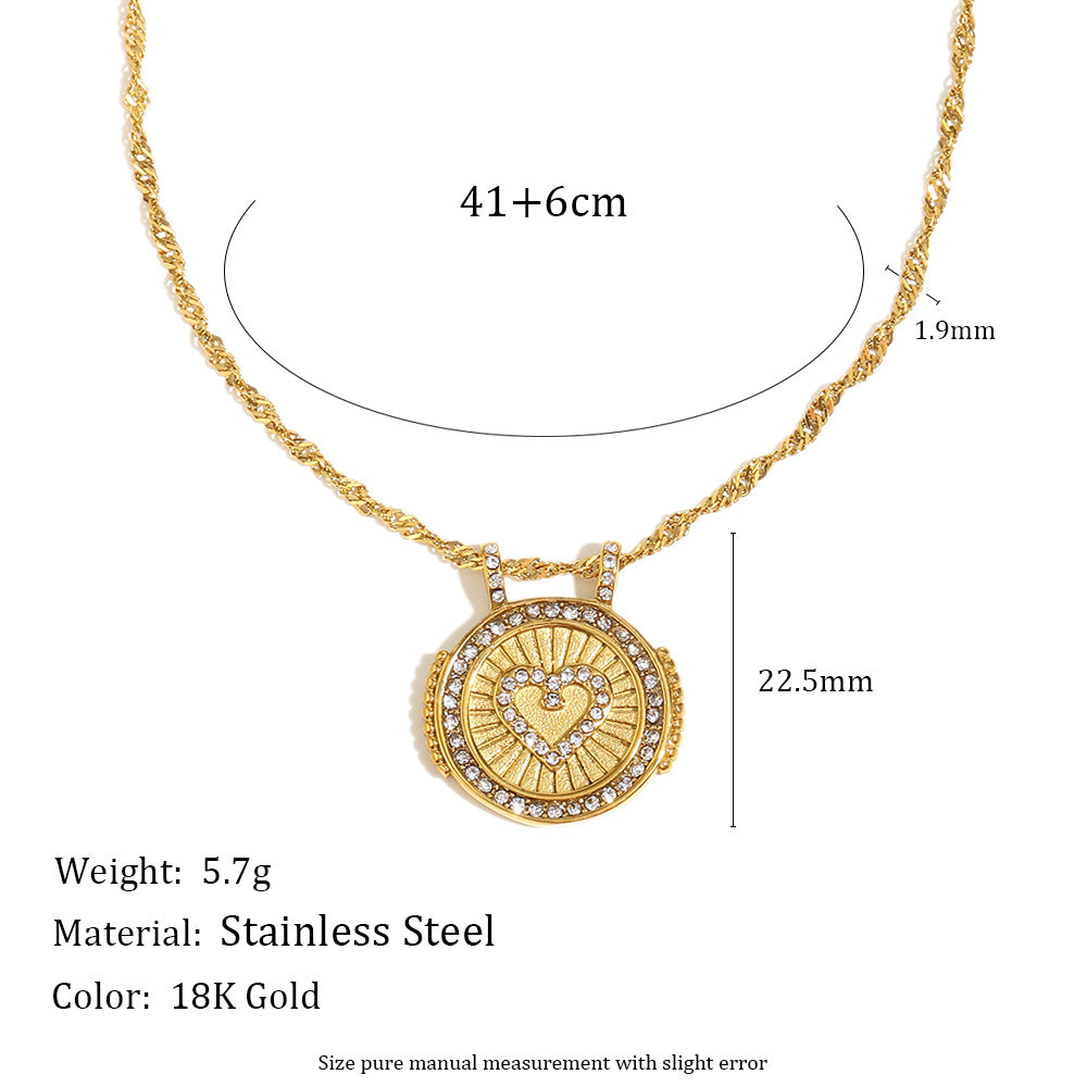 Fashionable Vintage Heart-Shaped Stainless Steel Plated 18K Gold Zircon Pendant Necklace Set for Women with Earrings and Bracelet