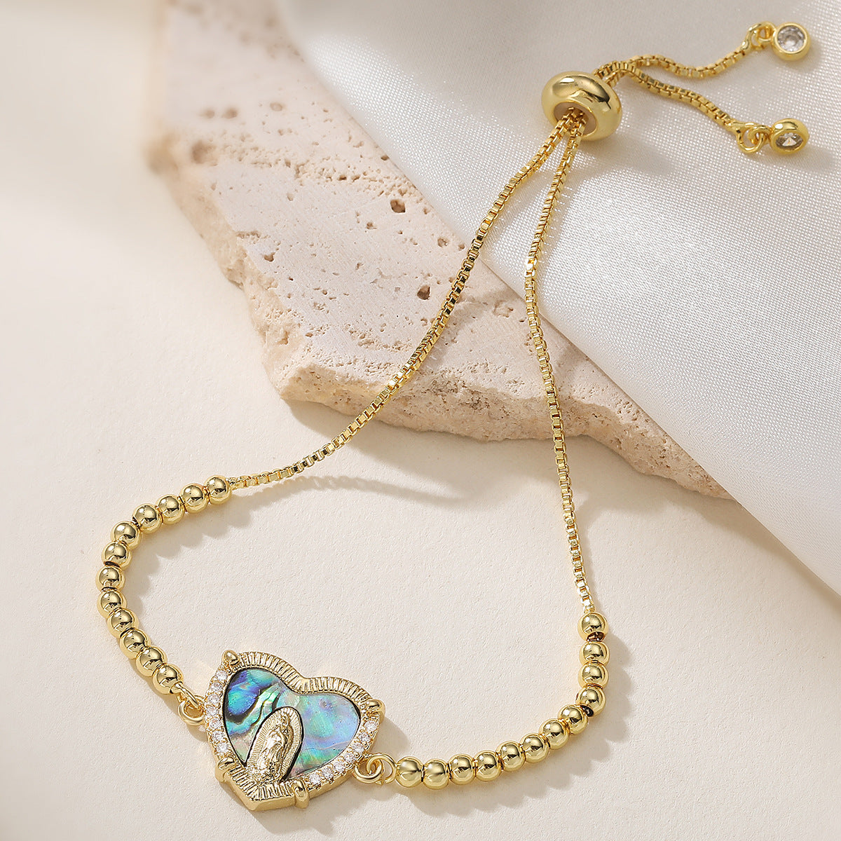 Gold Plated Brass Heart Bracelet with Cubic Zirconia and Virgin Mary Charm for Women