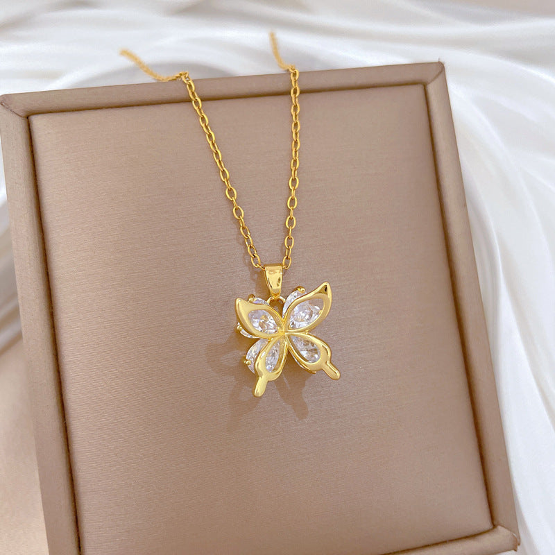 Sweet Minimalist Butterfly Hollow Cubic Zirconia Titanium Steel Necklace for Women and Men