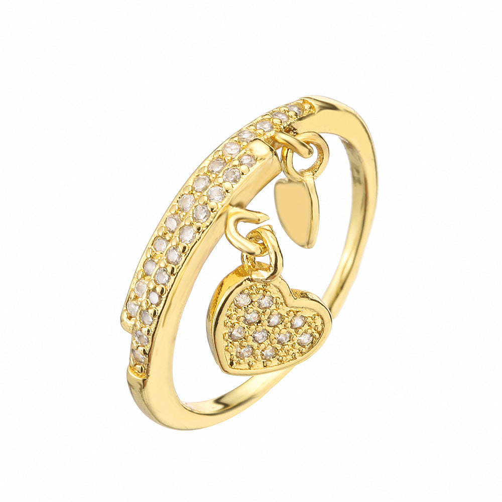 Anello geometrico in rame a forma di cuore con micro-pavé di zirconi per donna, fascia alla moda e unica