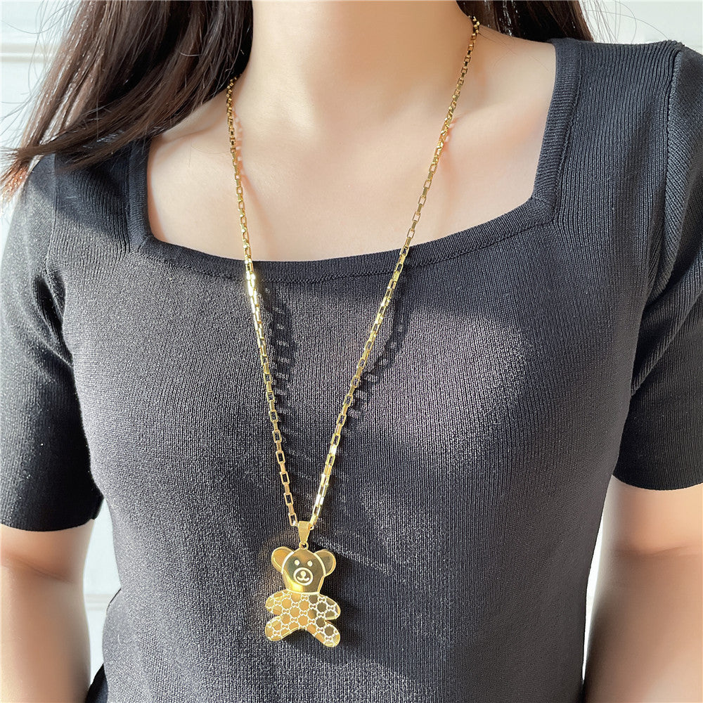Fashion Casual Bear Animal Titanium Steel Plated Alloy Pendant Box Chain Necklace for Women