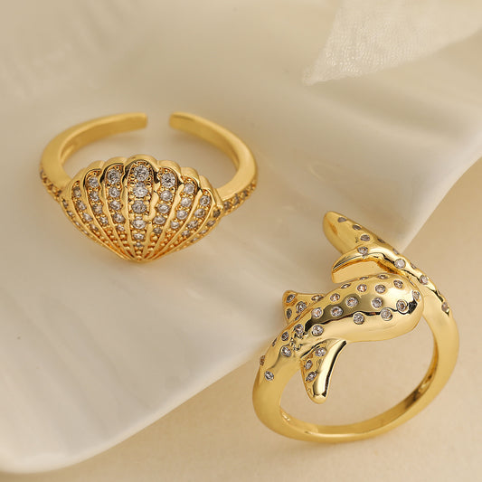 Minimalist Geometric Dolphin Ring for Women in Copper with 18K Gold Plating and Zircon Inlay