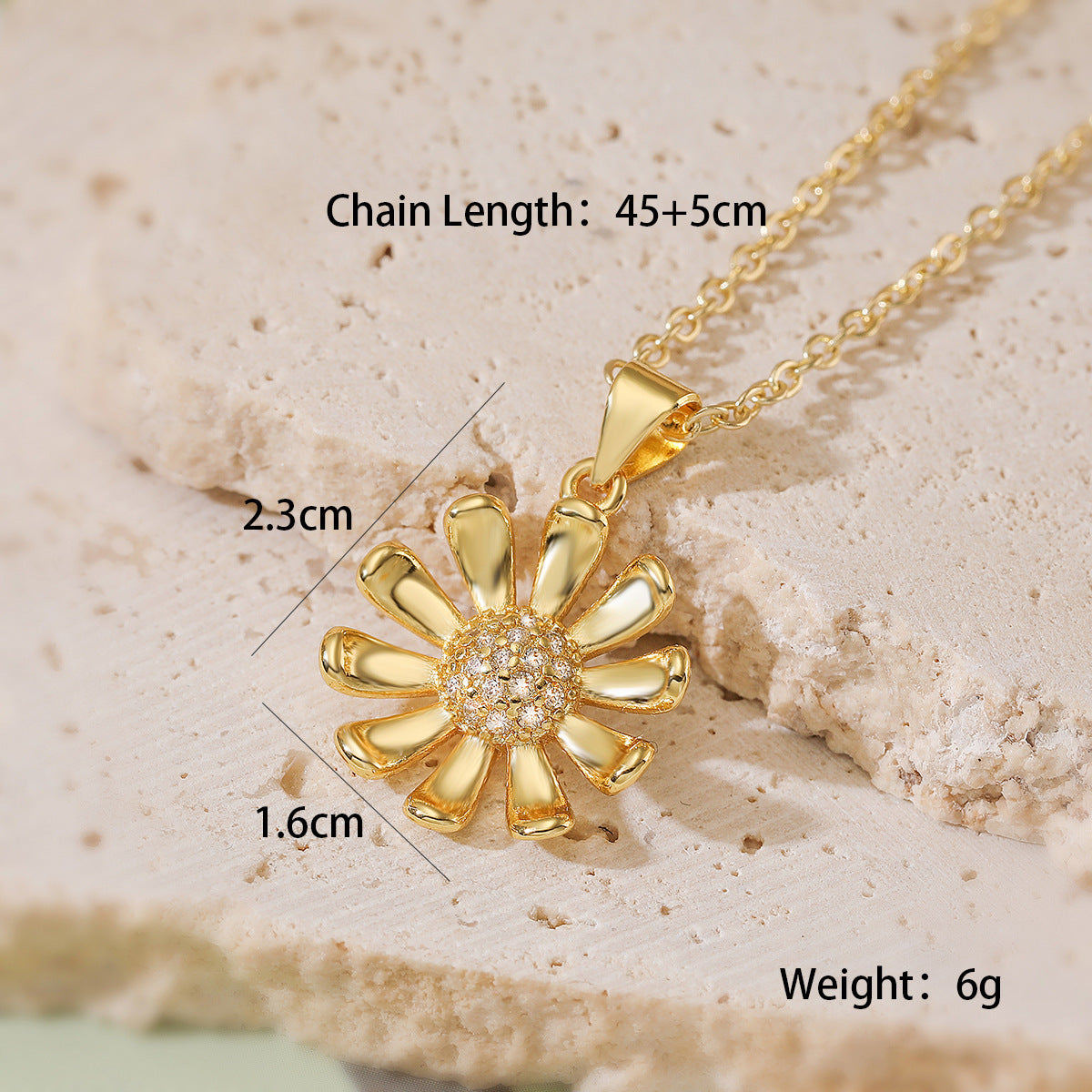 Minimalist 18K Gold Plated Brass Sunflower Pendant Necklace and Earring Set with Cubic Zirconia Micro-inlay on Ball Chain for Women