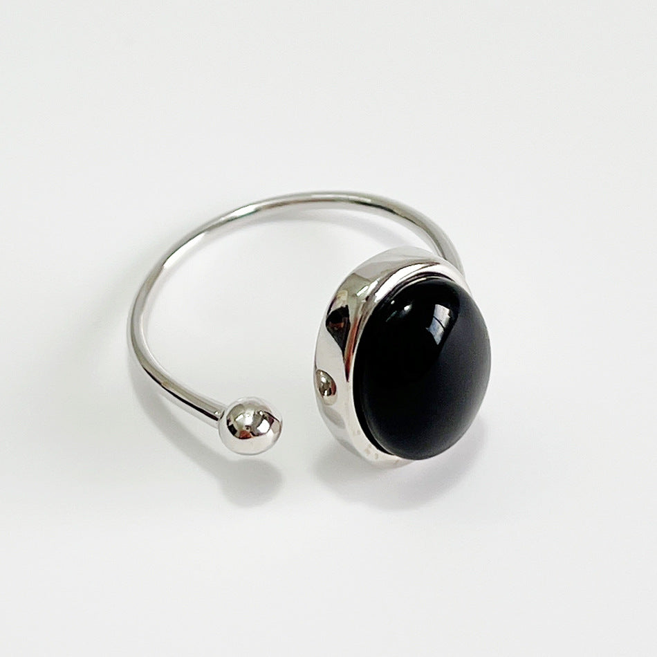 Punk Geometric Oval Black Agate Inlay Plated 925 Sterling Silver Ring for Women