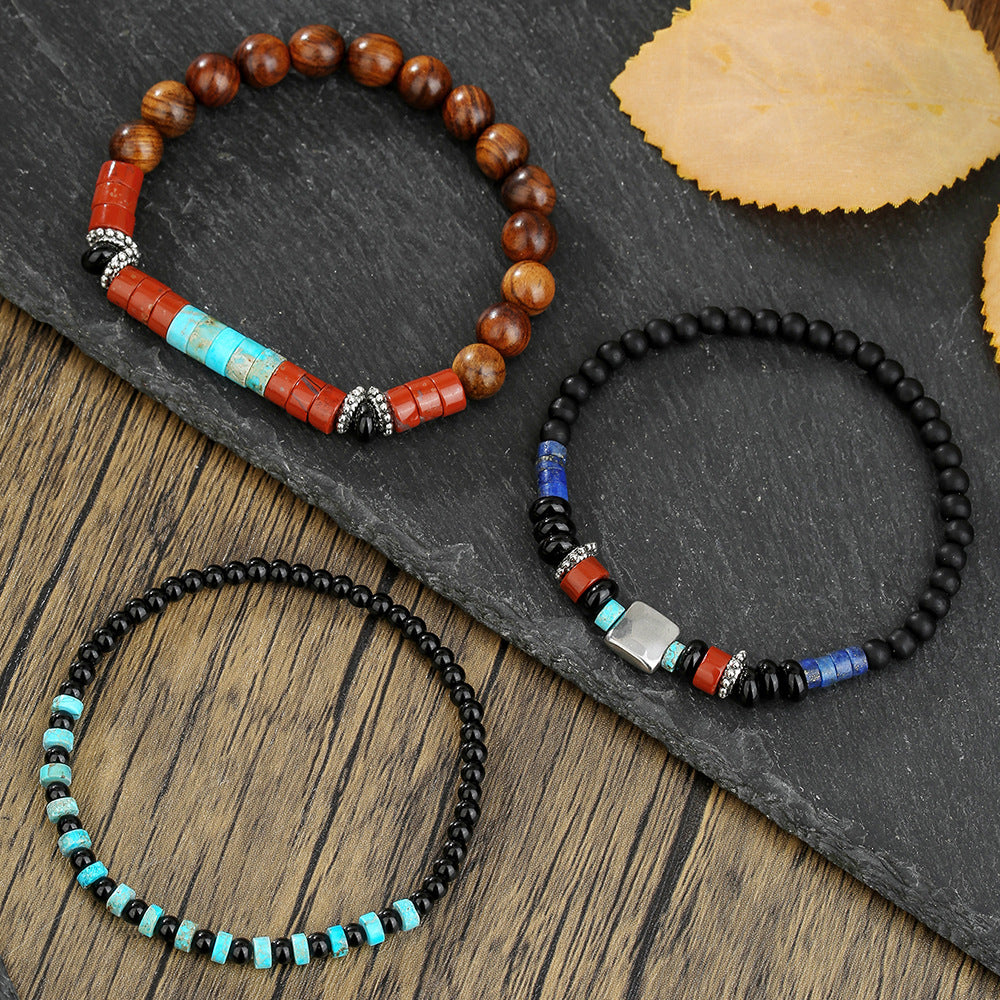Vintage Bohemian Geometric Round Alloy Gemstone Beaded Bracelet Set for Men and Women