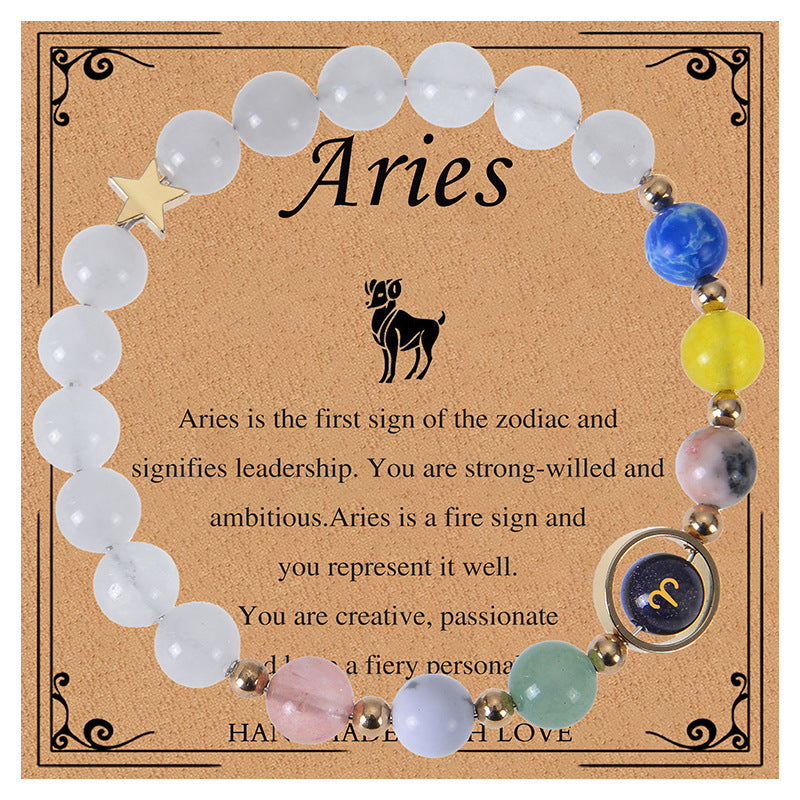 Unisex Blue Sandstone Beaded Bracelet with Zodiac Constellation Engraving