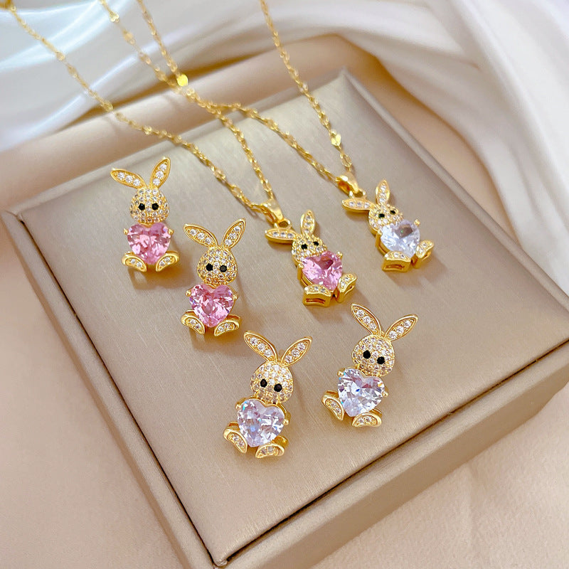 Luxury Titanium Steel Micro-Pave Rabbit Pendant Necklace and Earrings Set for Women Geometric Design Elegant Party Jewelry