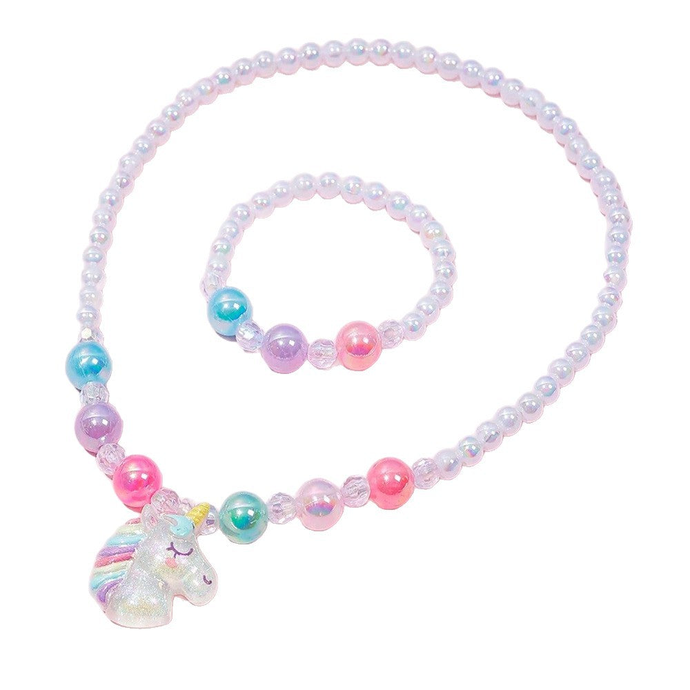 Set Collana Pendente Unicorno Cartone Animato per Bambine con Ciondolo in Resina e Catena di Perline Stile Principessa