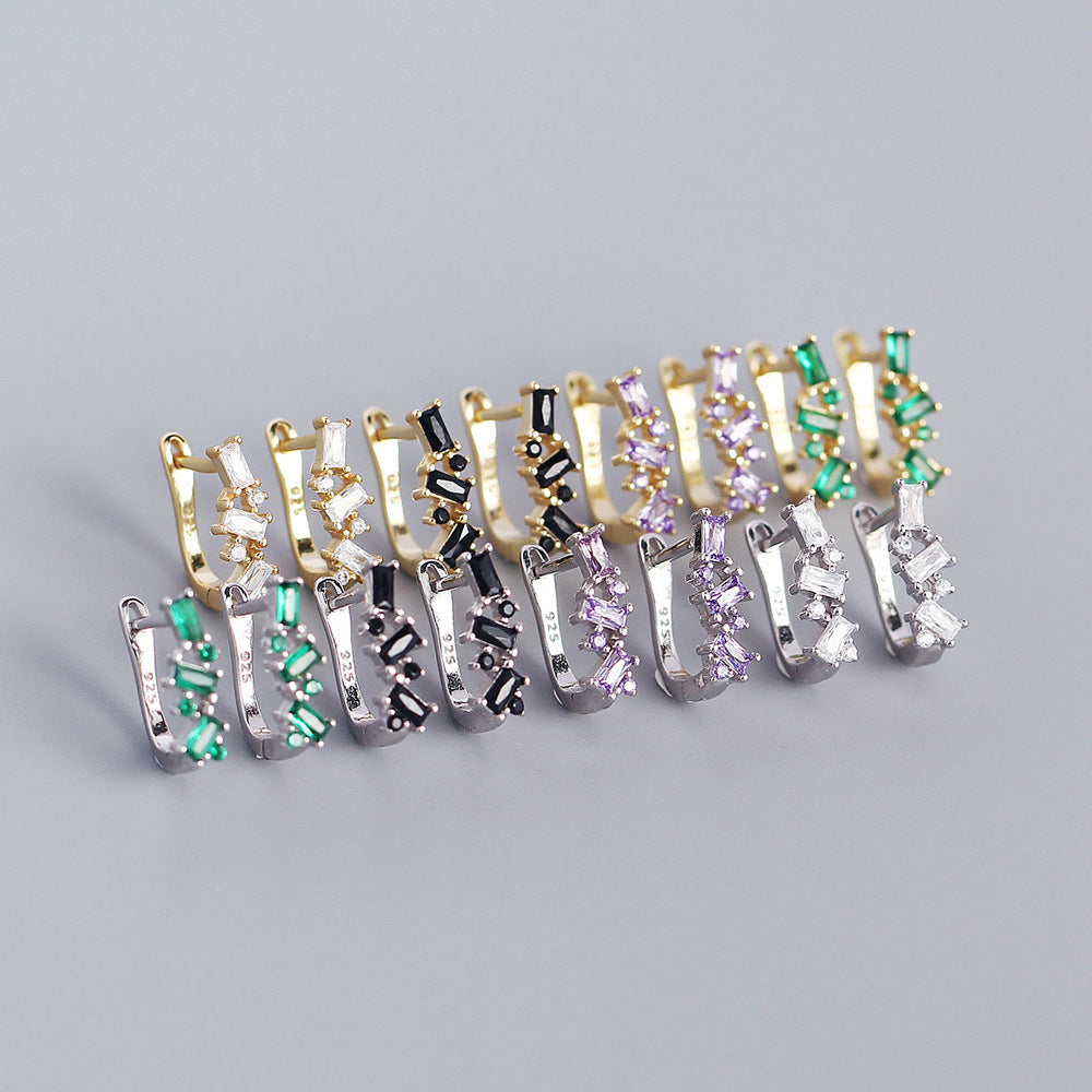 Vintage Minimalist 925 Sterling Silver Geometric U-Shaped Hoop Earrings with Cubic Zirconia for Women