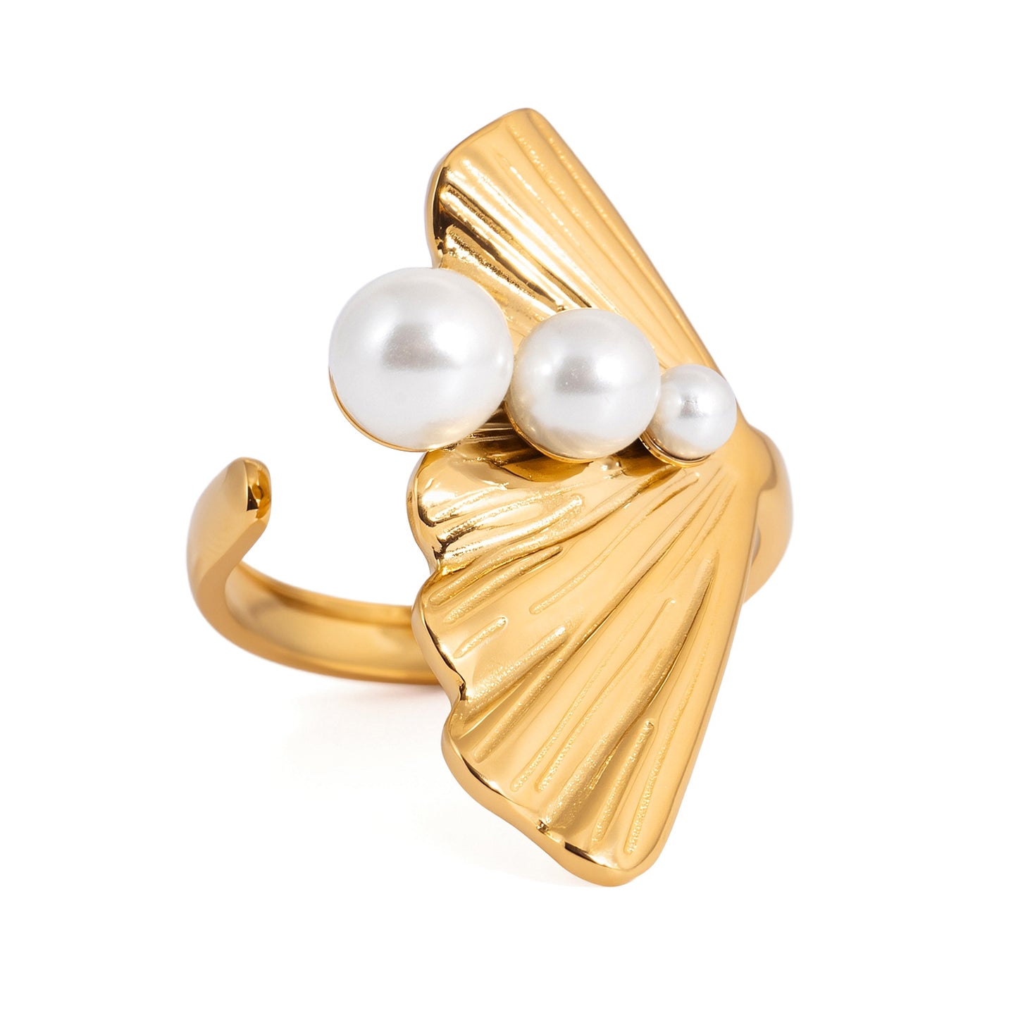 Anello da donna in acciaio inossidabile con motivo geometrico a foglia di ginkgo, placcatura in oro PVD 18K e perla