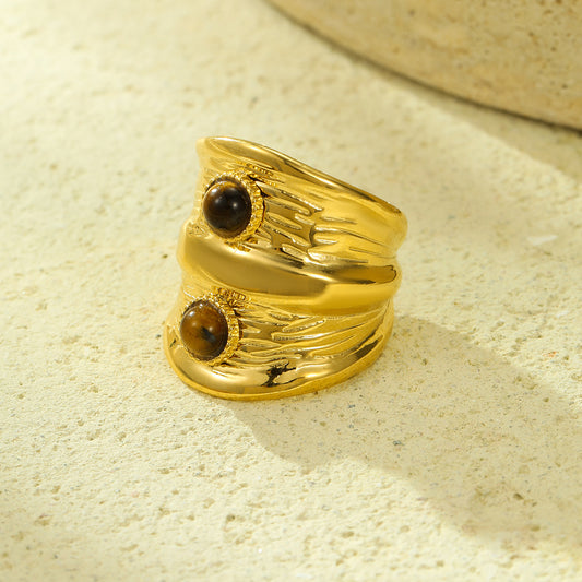 Minimalist Adjustable Wide Band Textured Stainless Steel Ring with Two Tiger Eye Stones