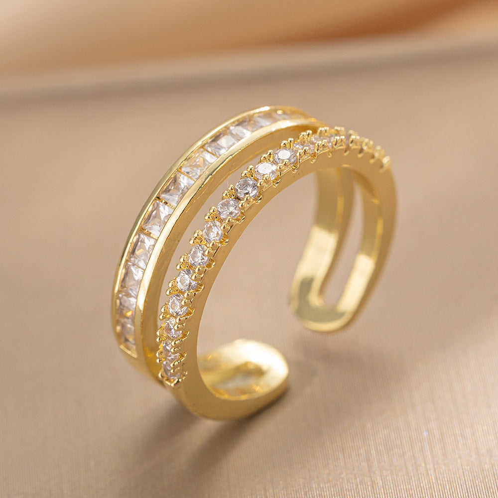 Luxury Minimalist Adjustable Open Ring for Women with Gold-Plated Copper Band and Zircon Stone Accent in Heart and Floral Shape