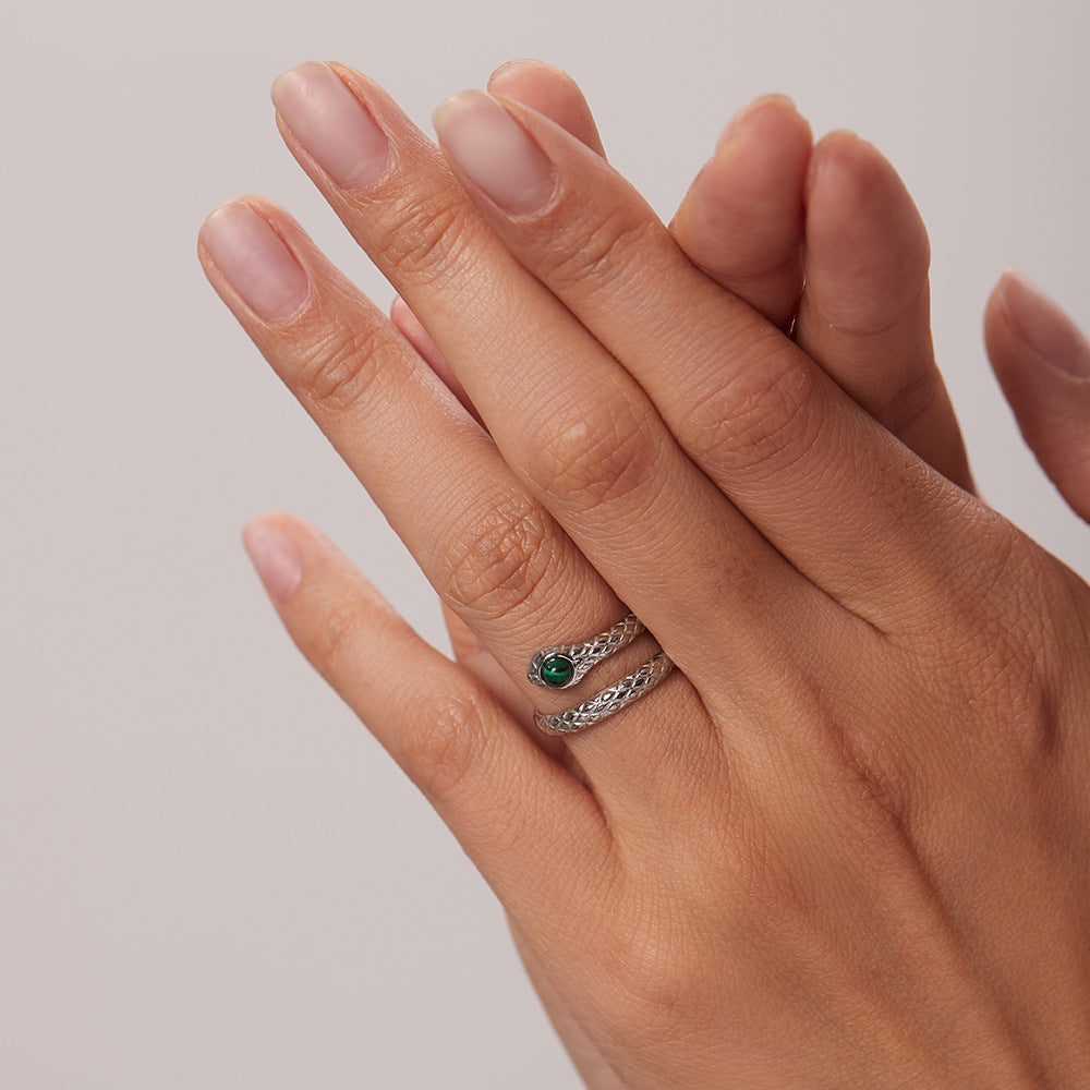 Trendy 18K Gold Plated Stainless Steel Snake Open Ring with Malachite Charm for Women