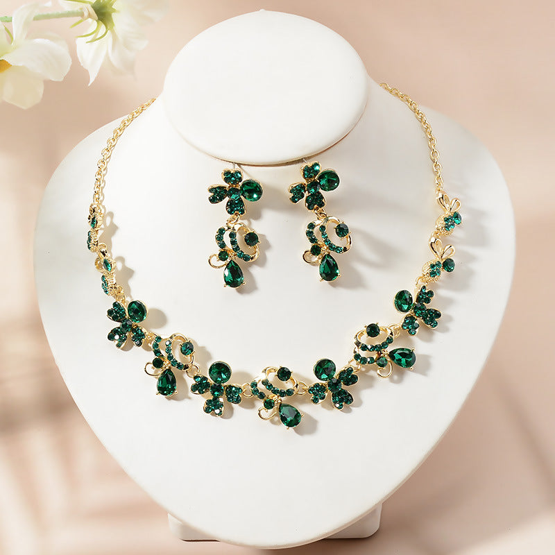 Elegant Floral Rhinestone Plated Necklace and Earring Set for Women Wedding Party