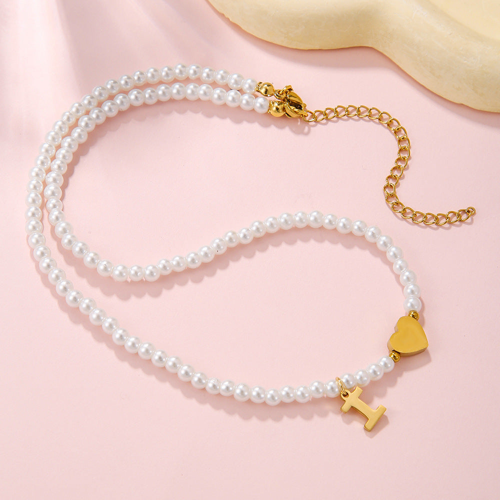 Minimalist Letter Heart Stainless Steel Pearl Necklace Women Cable Chain
