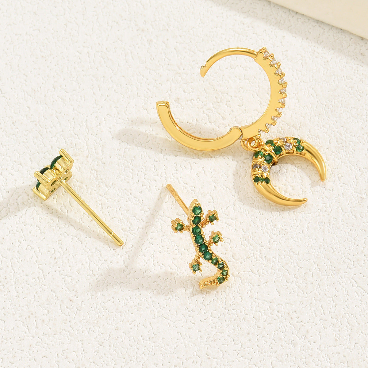 Pendientes de Cobre con Forma de Luna Creciente y Gecko, Engastados con Zirconia, para Mujer, con Postes de Acero Inoxidable