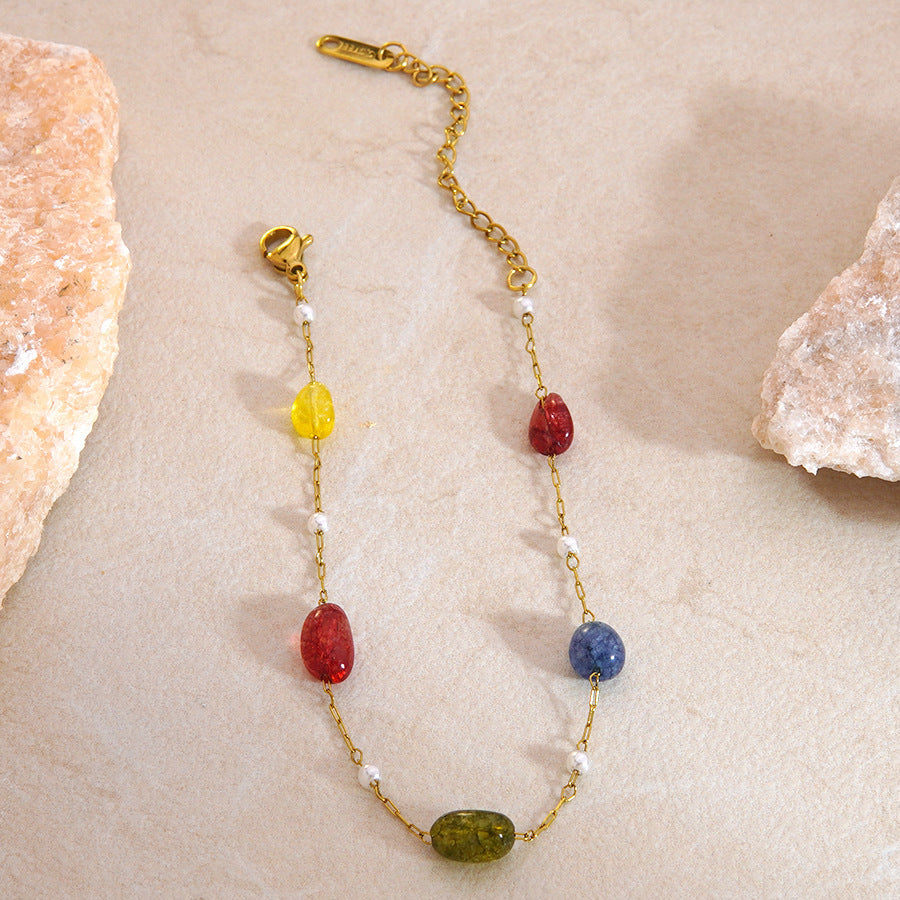 Set di collana e bracciale in acciaio inossidabile placcato oro 18K con design floreale rotondo, minimalista e grazioso, con perline di cristallo da donna