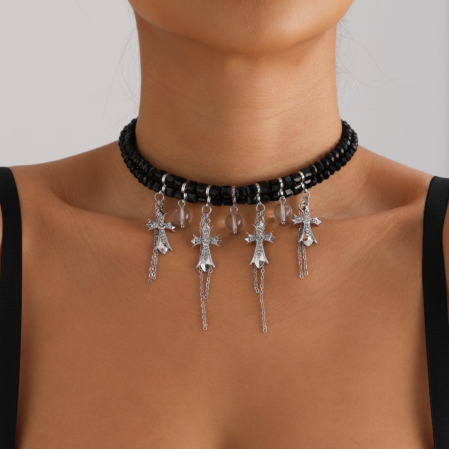 Geometric Cross Pendant Necklace with Rhinestone Inlay Glass Ball and Tassel Detail for Women