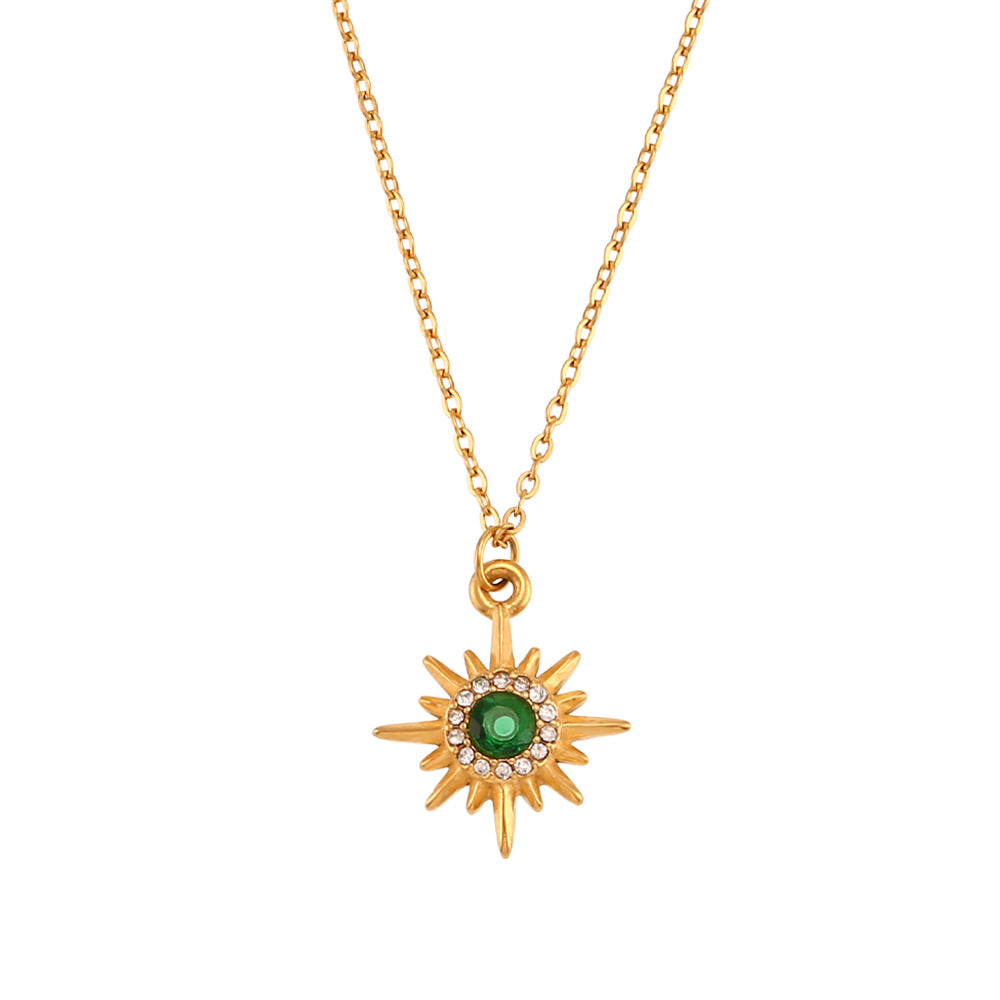 Collana con ciondolo a stella a otto punte con zirconi placcati oro 18 carati in acciaio inossidabile, stile minimalista, da donna