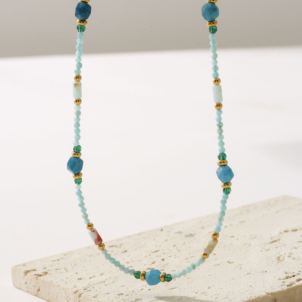 Collar estilo francés retro con piedra natural azul geométrica para mujer con acabado chapado y diseño de cuentas