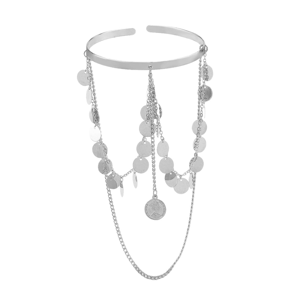 Bracciale a fascia in metallo stile vintage con catena e frange decorative da donna