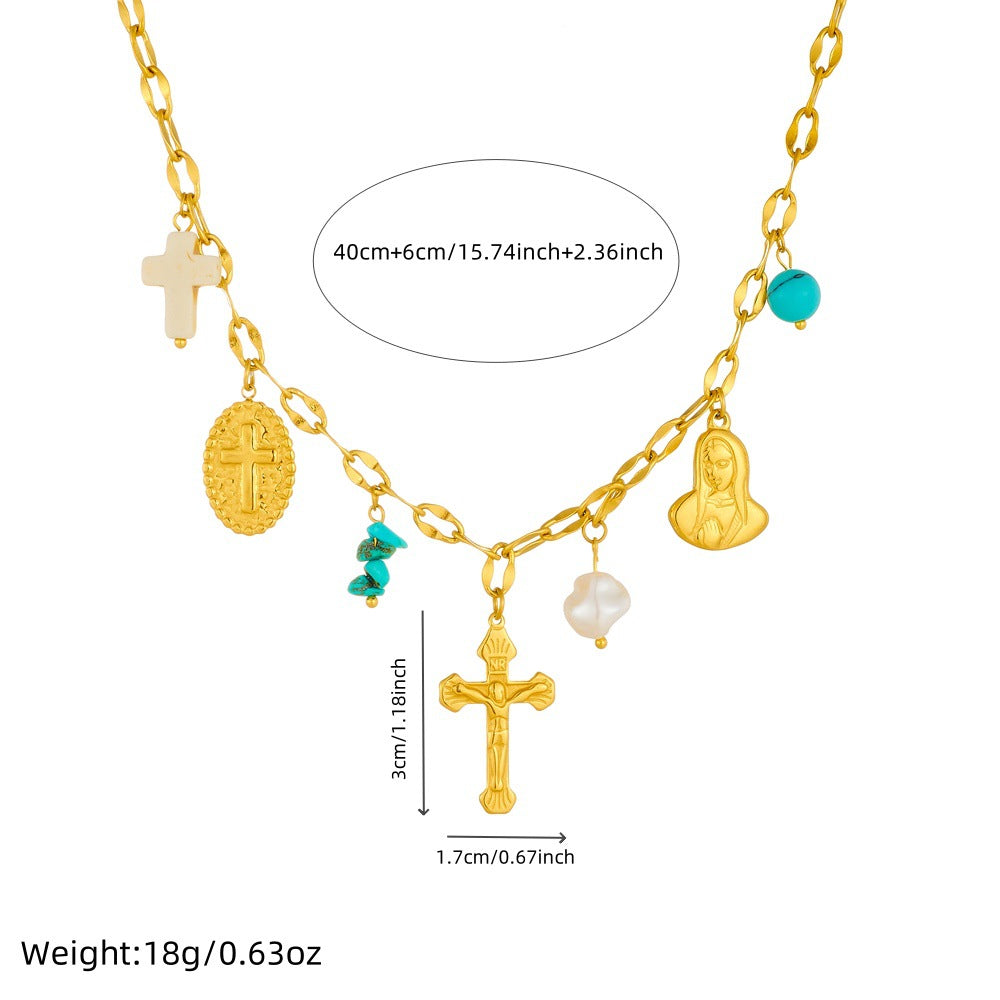 Personalized Gold Plated Stainless Steel Cross Pendant Necklace with Pearl and Crushed Stone Accents