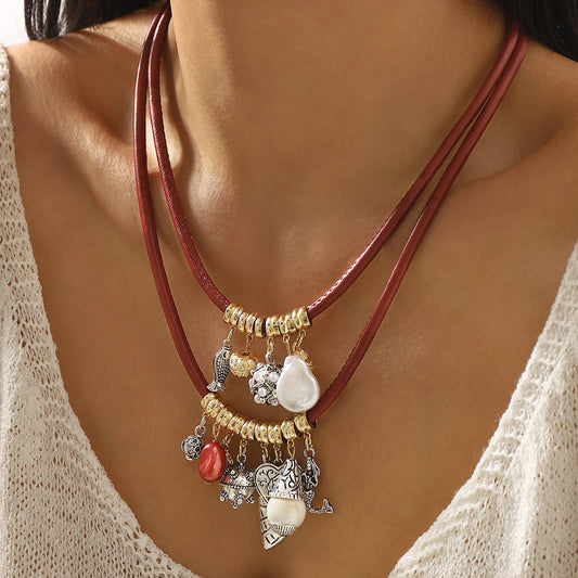 Bohemian Style Geometric Pendant Necklace with Leather Cord and Alloy Charm for Women