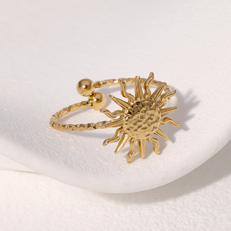 Anello aperto minimalista da donna in acciaio inossidabile a forma di sole con finitura galvanica