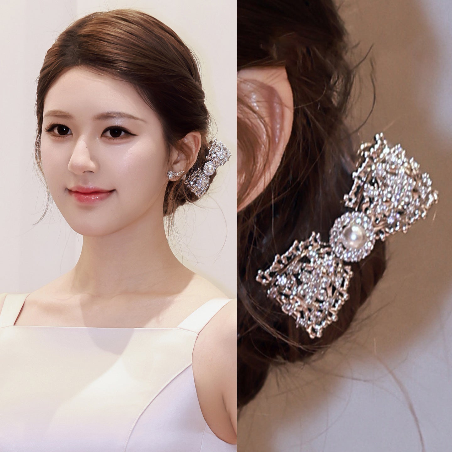 Elegant Bow-Shaped Pearl Hair Clip with Rhinestone Accents for Women, Minimalist Chic Barrette for Updos and Daily Wear