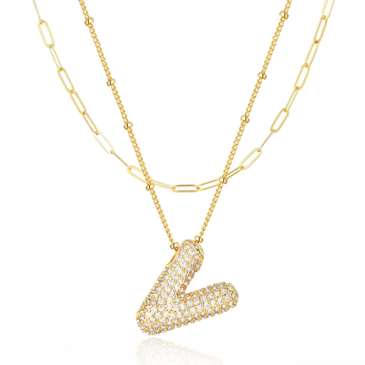 18K Gold Plated Brass Double Layer Letter Necklace Micro Pave Cubic Zirconia Serpentine Chain Women's Jewelry