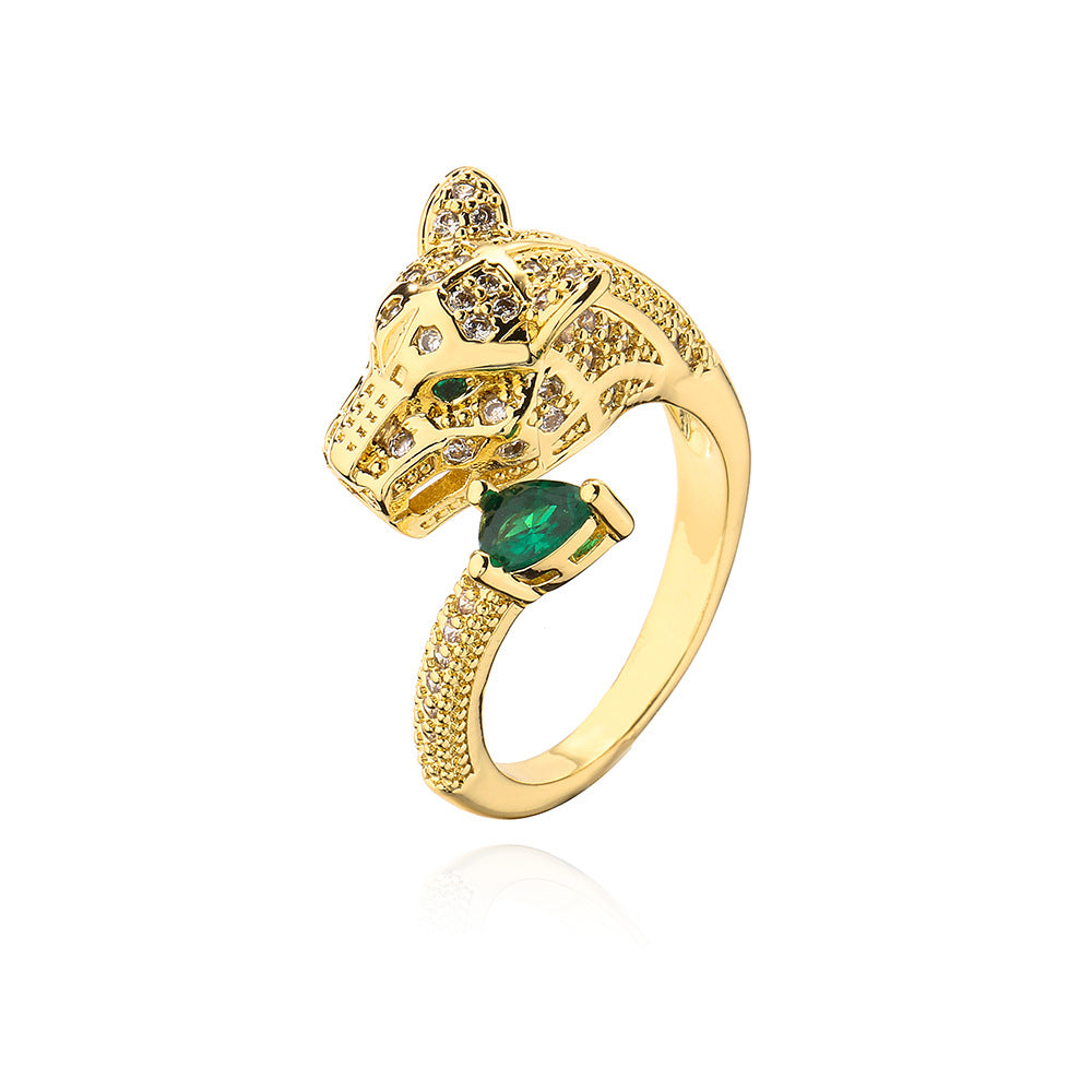 Minimalist Geometric Leopard-Shaped Copper Ring with 18K Gold Plating and Micro-Pavé Zirconia for Women