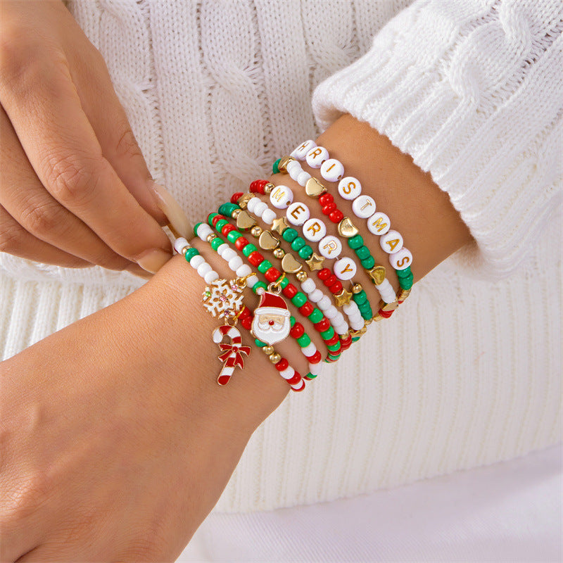 Set di bracciali in lega a tema natalizio, dolce e grintoso, con renna, fiocco di neve, albero e perle di vetro in cristallo