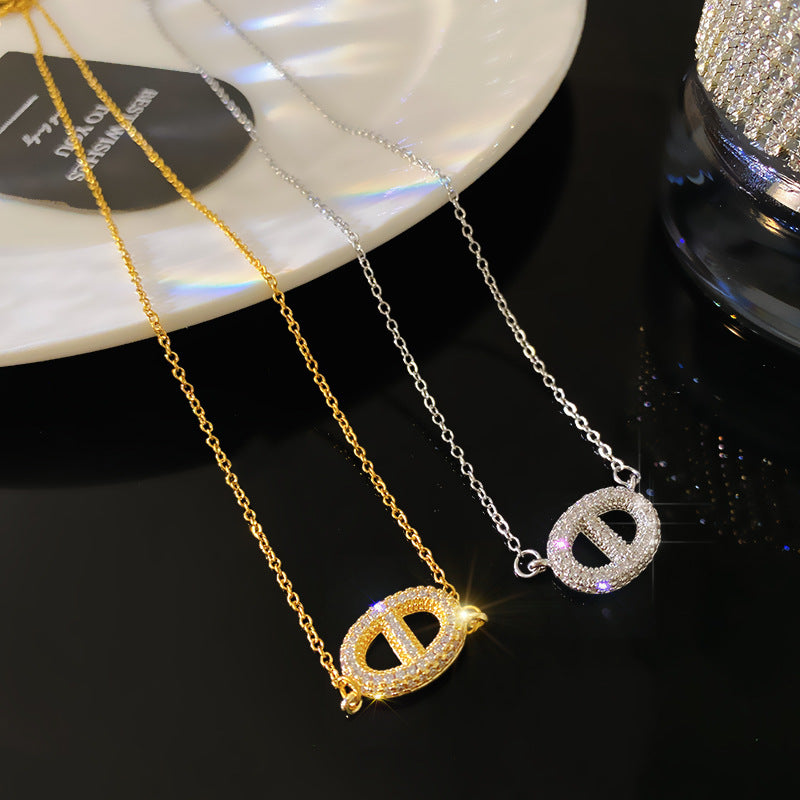 Streetwear Micro-Paved Cubic Zirconia Geometric Letter Titanium Steel Necklace for Unisex