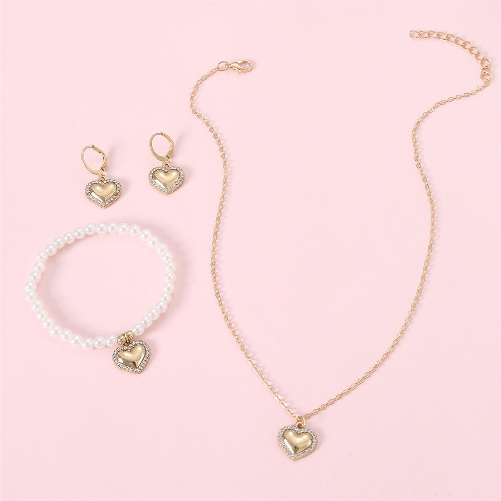Juego de collar de metal con forma de corazón vintage con colgante y pendientes para niñas