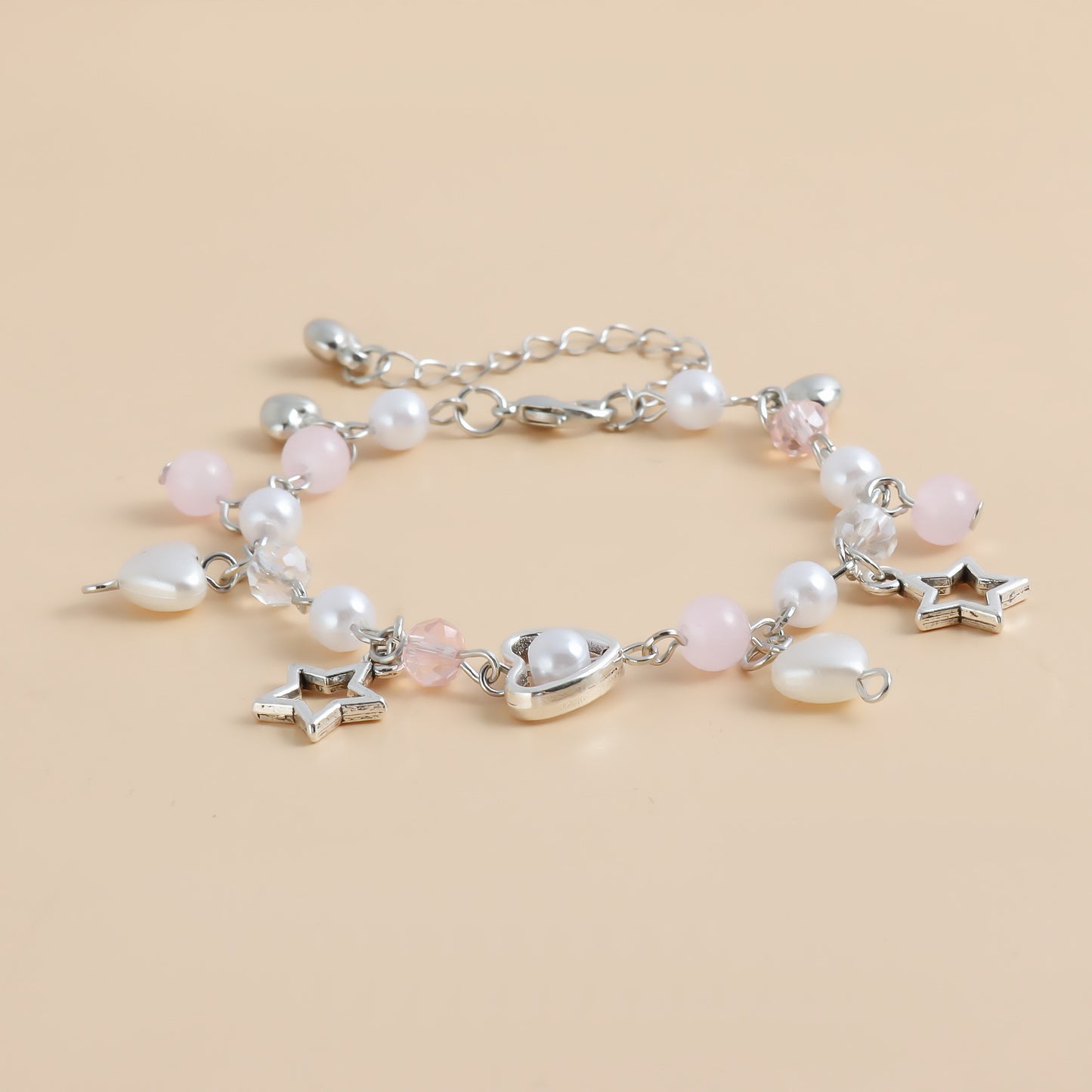 Sweet Fresh Heart and Star Shaped Tassel Bracelet with Simulated Pearl and Crystal Accents Electroplated Metal Minimalist Jewelry